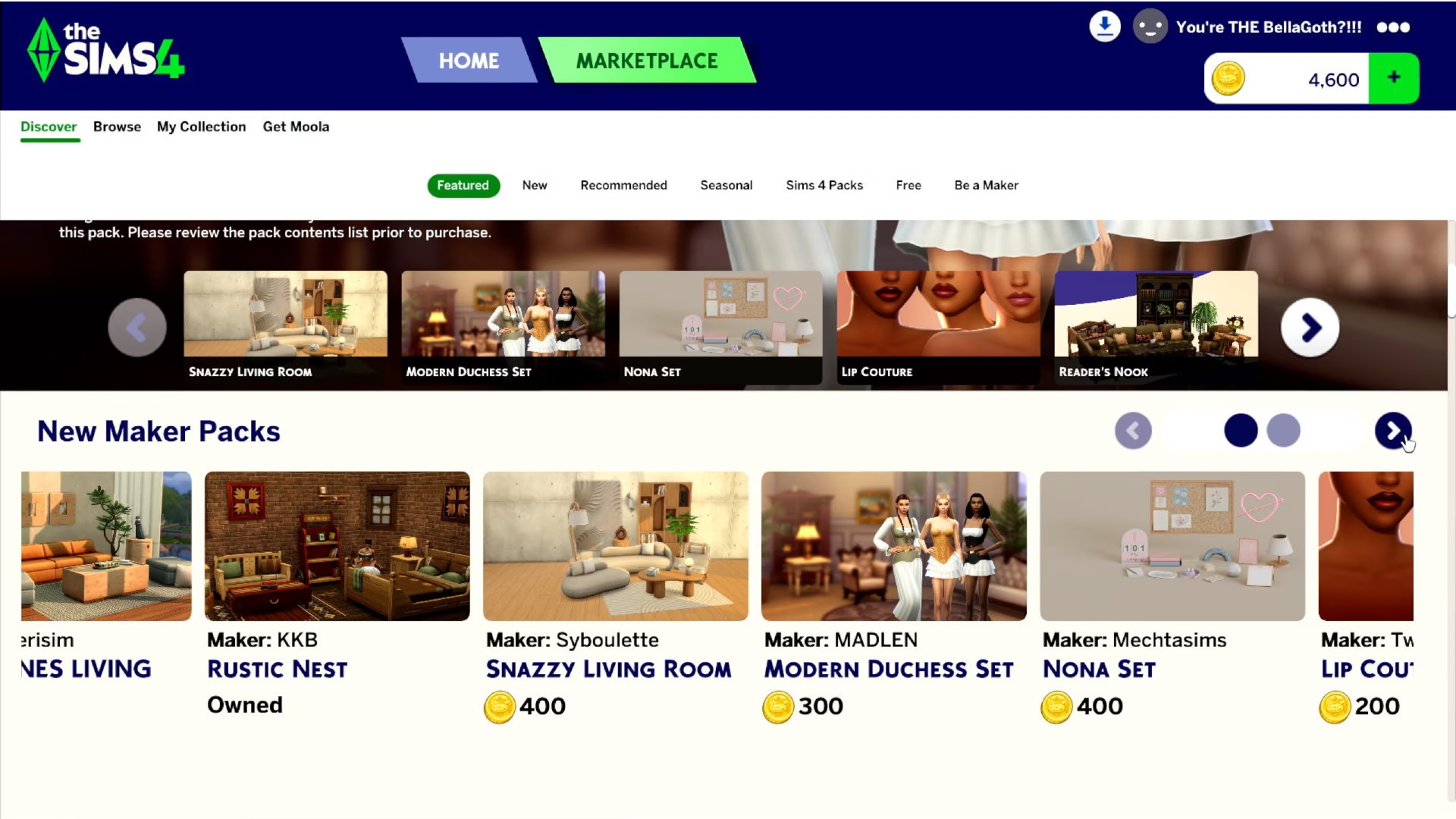 Sims 4 maker packs screen in the Marketplace, with items available for purchase in Moolah