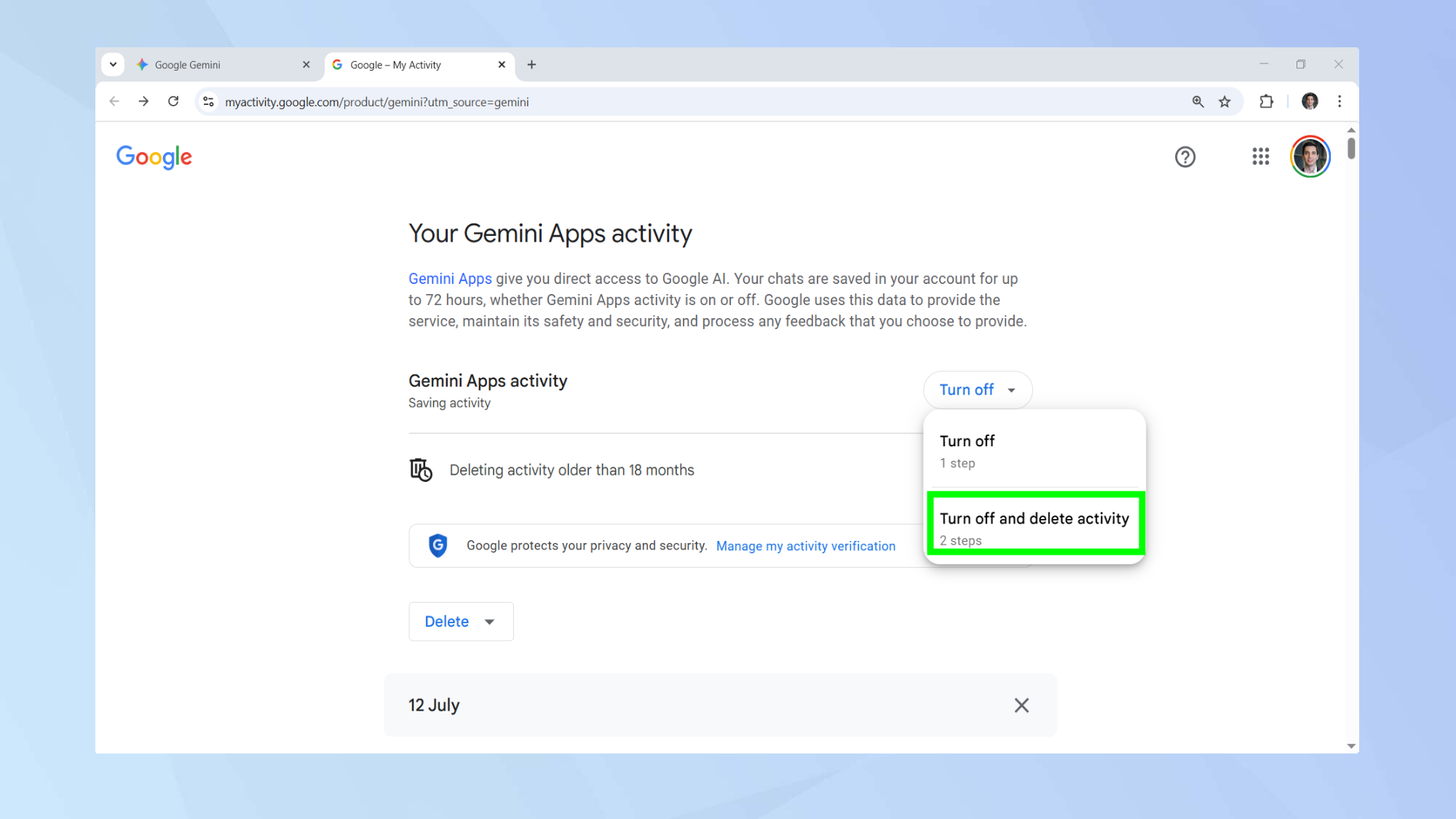 Gemini turn off and delete activity 