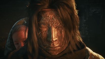 A masked man carries a baby on his back in Phantom Blade Zero