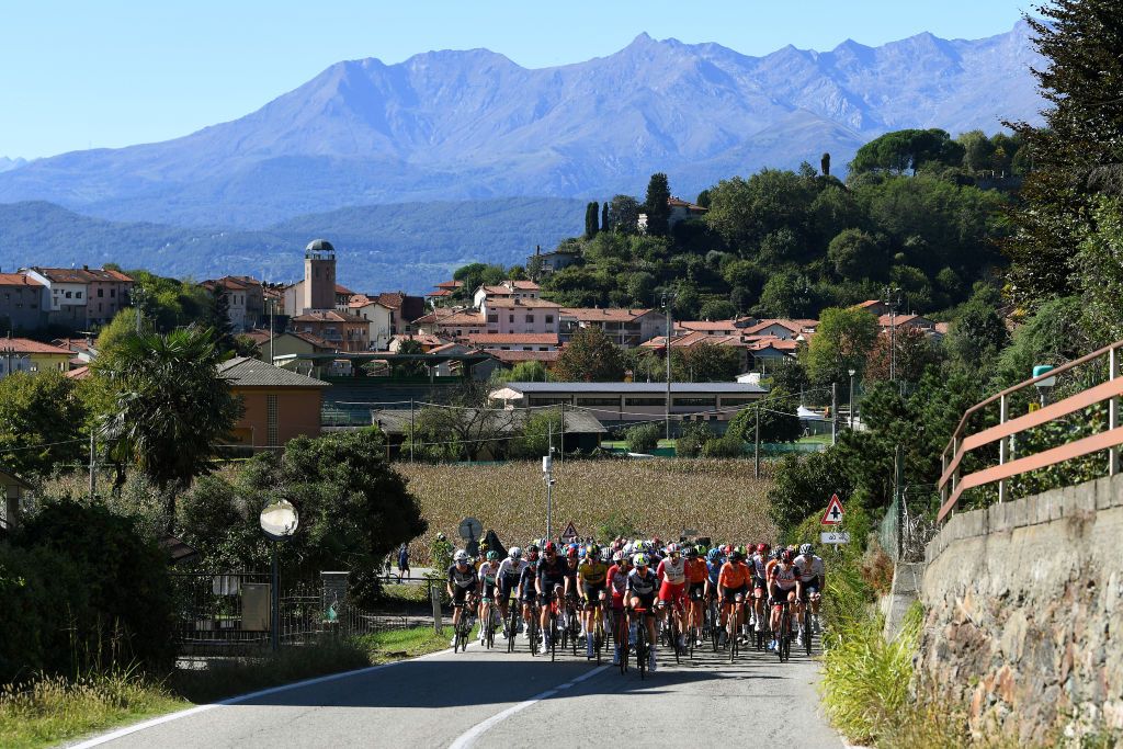 BORGOSESIA ITALY OCTOBER 07 A general view of the peloton competing during the 105th Gran Piemonte 2021 a 168km race from Rocca Canavese to Borgosesia 350m GranPiemonte on October 07 2021 in Borgosesia Italy Photo by Tim de WaeleGetty Images