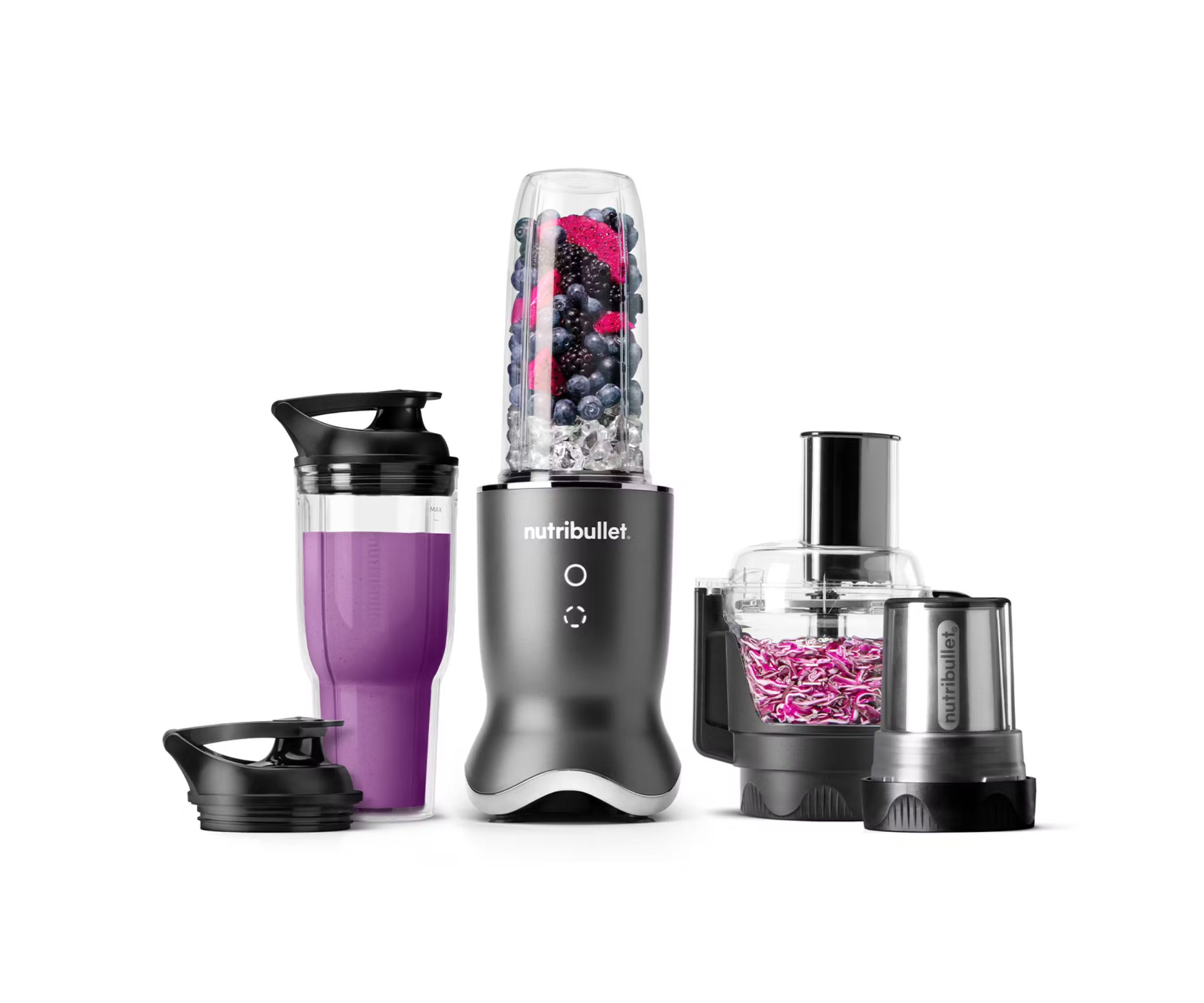 Nutribullet Ultra Plus and attachments on a white background