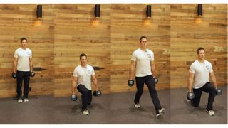 Don Saladino demonstrates a walking lunge with dumbbells