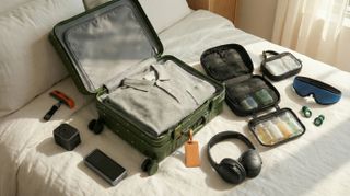 travel products on a bed 