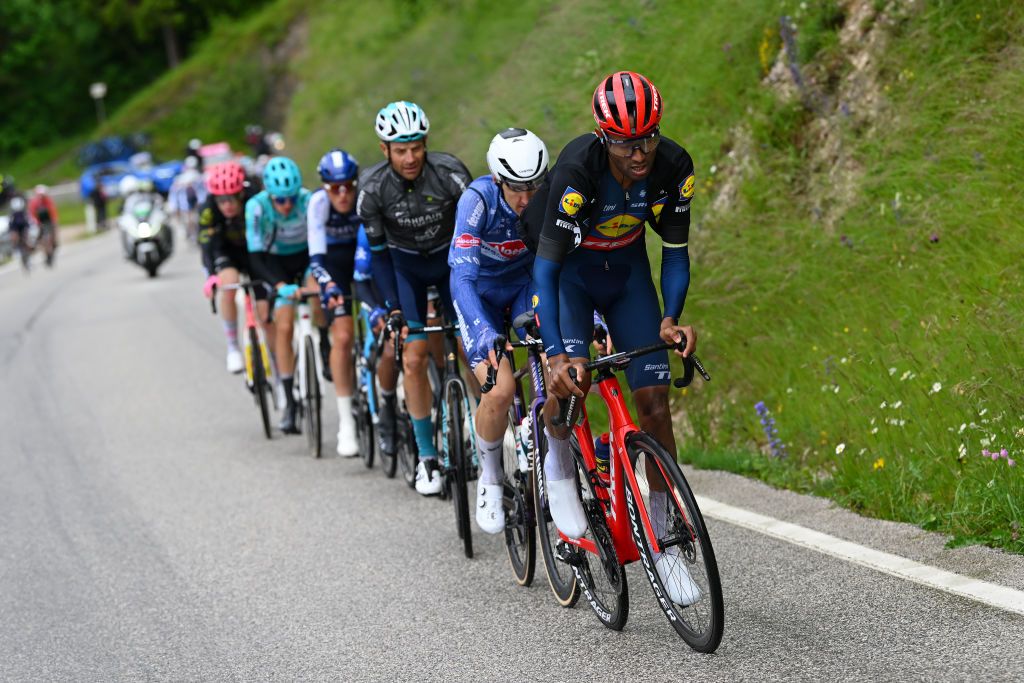 PASSO BROCON ITALY MAY 22 Amanuel Ghebreigzabhier of Eritrea and Team Lidl Trek competes in the breakaway during the 107th Giro dItalia 2024 Stage 17 a 159km stage from Selva di Val Gardena to Passo Brocon 1604m UCIWT on May 22 2024 in Passo Brocon Italy Photo by Dario BelingheriGetty Images