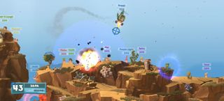 Local multiplayer games — a filed of Worms combatants tremble as one of their competitors drops a bombardment from an overhead helicopter.