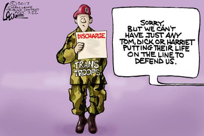 Political cartoon U.S. Trump transgender soldiers