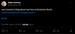 A post that reads: Just started a blog about my time at Rockstar North. https://insiderockstarnorth.blogspot.com #GTA