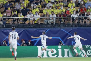 Atalanta’s Remo Freuler (centre) celebrates after scoring in the Champions League against Villarreal