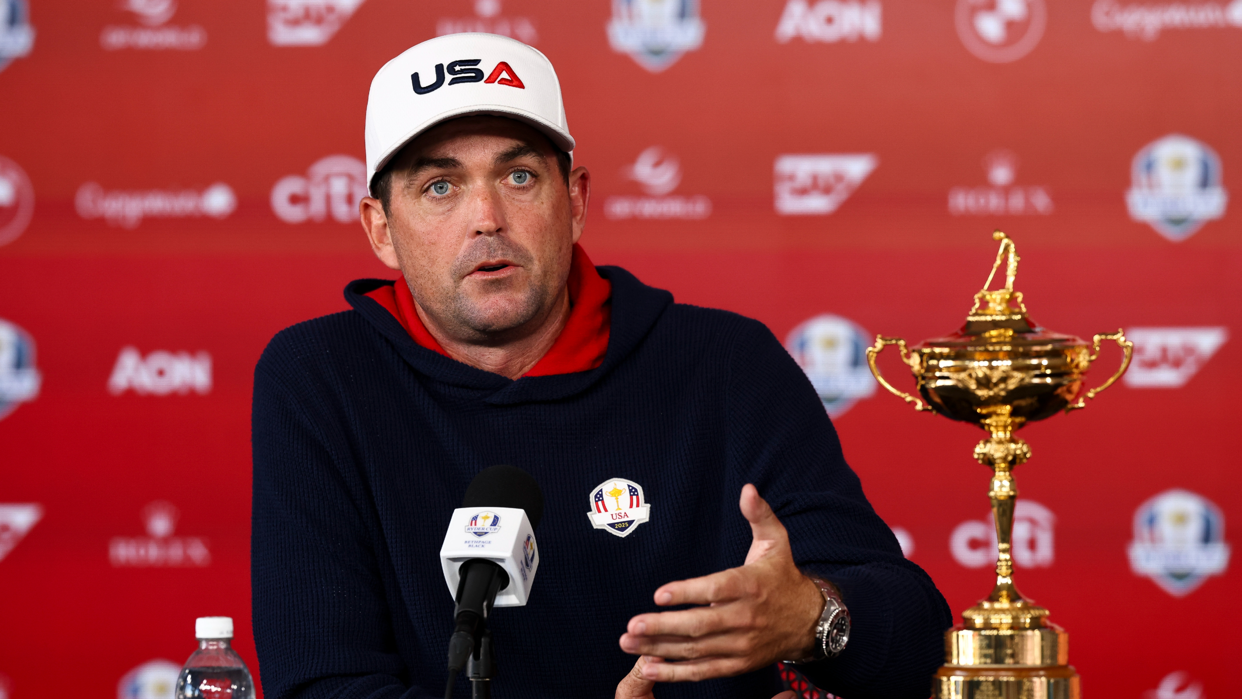 Keegan Bradley talks to the media before the Ryder Cup at Bethpage Black 
