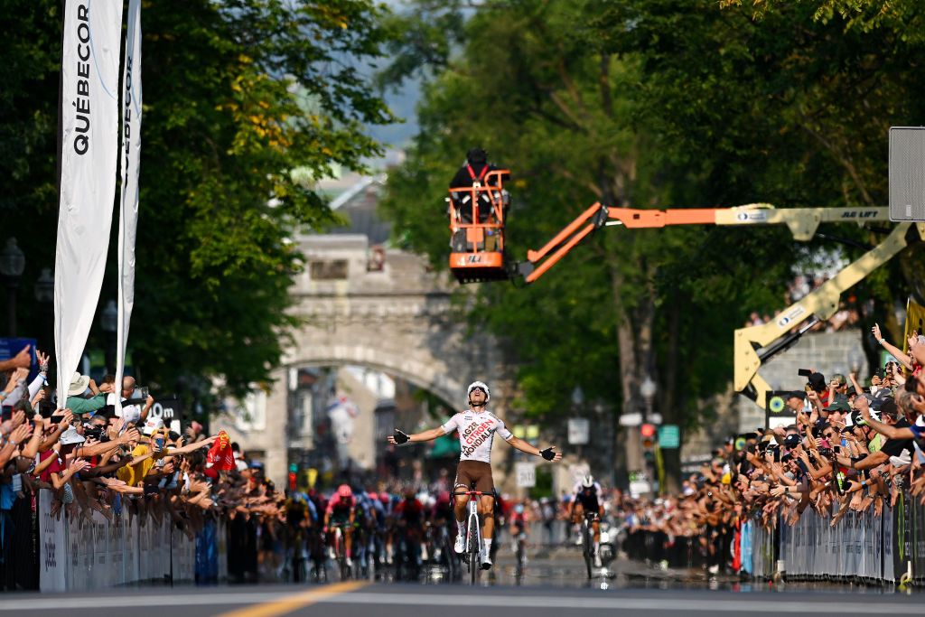 QUEBEC CITY QUEBEC SEPTEMBER 09 Benoit Cosnefroy of France and Ag2R Citroen Team celebrates winning during the 11th Grand Prix Cycliste de Qubec 2022 a 2016km one day race from Quebec to Quebec GPCQM on September 09 2022 in Quebec City Quebec Photo by Dario BelingheriGetty Images