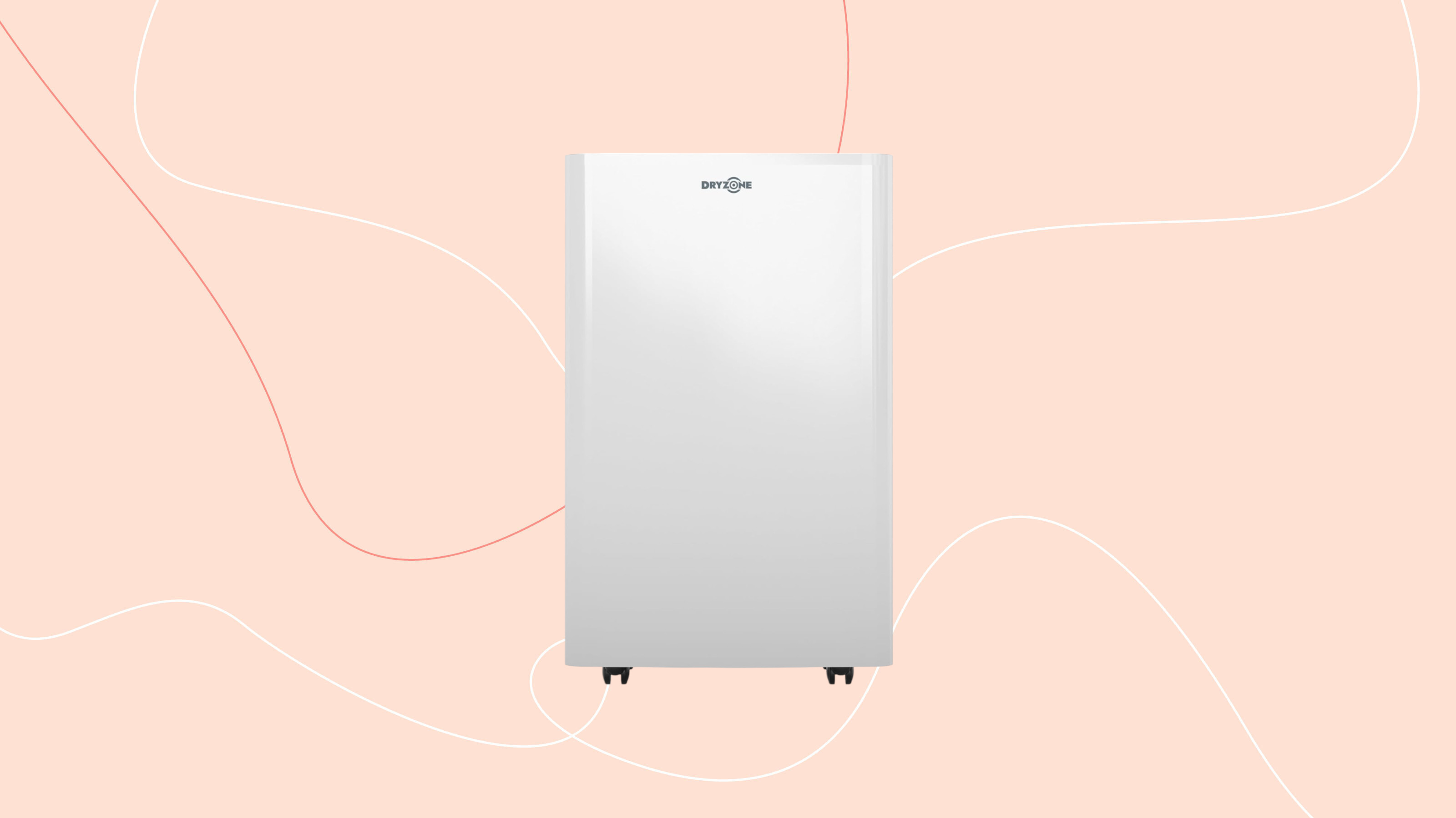 Dryzone dehumidifier on a pink graphic background