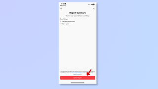 Screenshot of the Discord app on iOS showing the Report Summary and a red arrow pointing at the Submit Report button. 