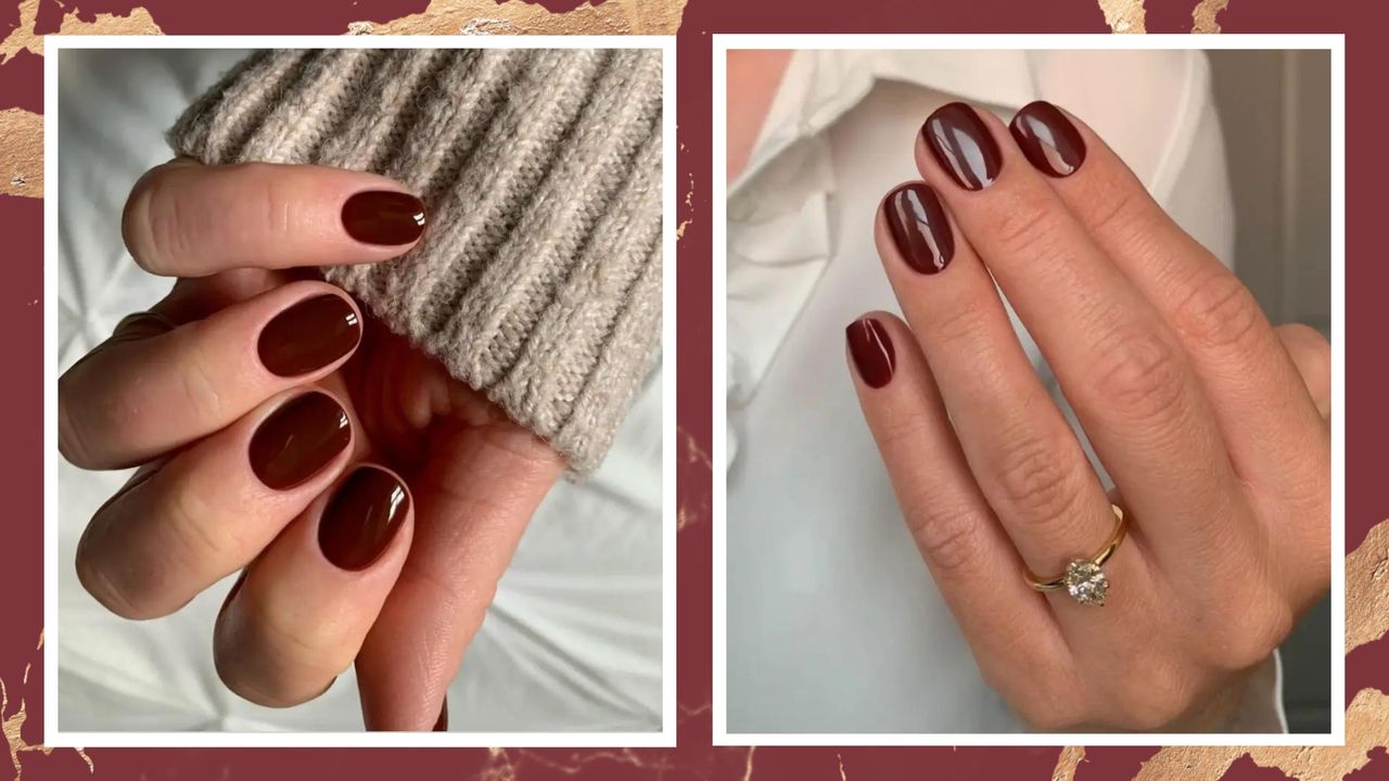 Two hands pictured with short, dark red &#039;Mulled Wine&#039; nails - by nail artist @gel.bymegan/ in a burgundy 2-picture template with gold marbling detail