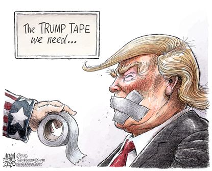 Political cartoon U.S. 2016 election Donald Trump tape