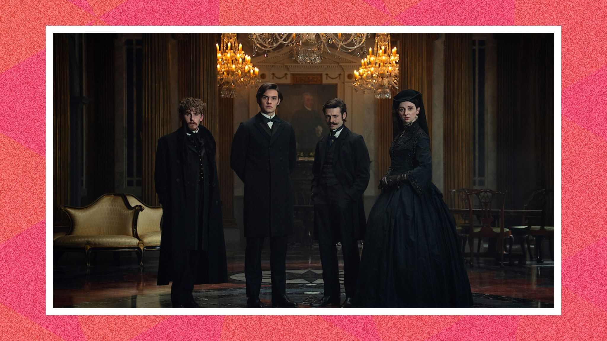 a promotional image from the show showing the four Guinness siblings in character 