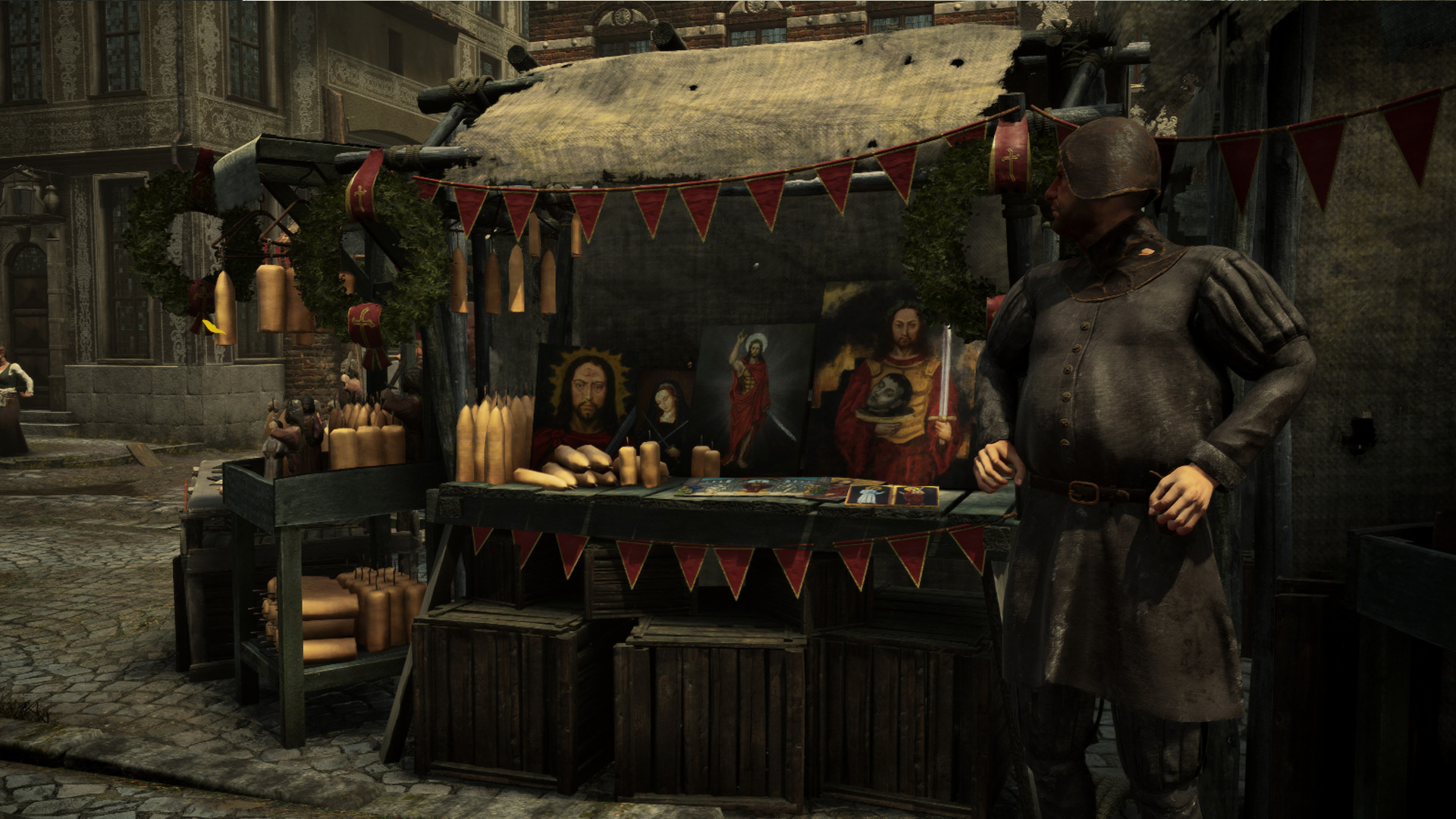 Portly guard in leather jerkin stands in front of stall showing icons of an unsettling alternate Christ.