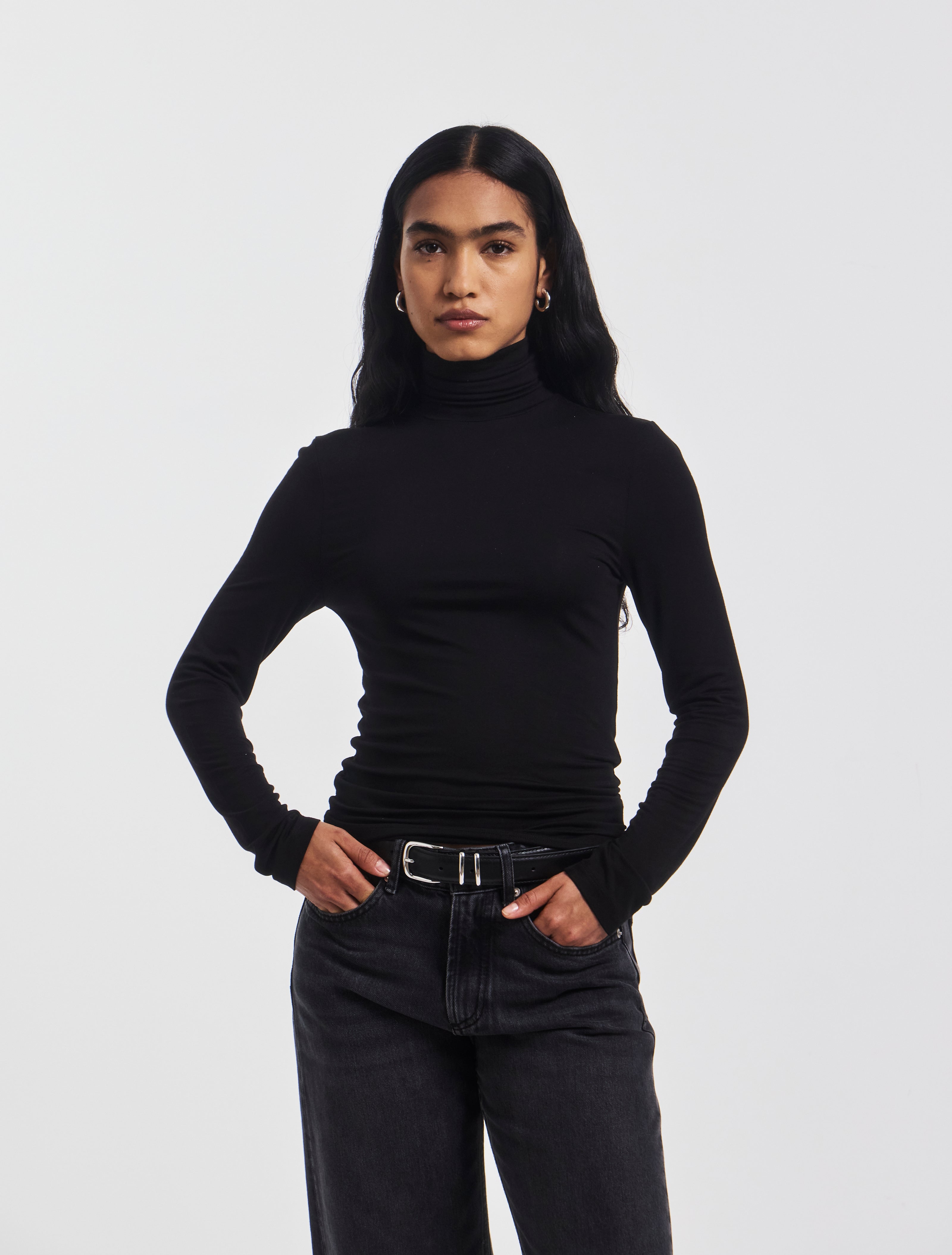 Soft Roll Neck Long Sleeve Top in Black