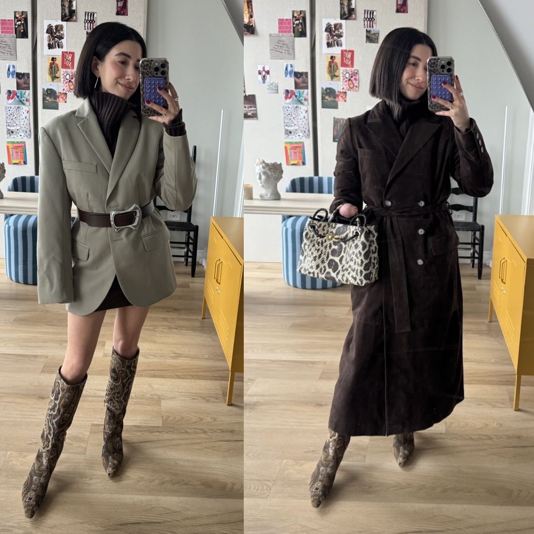 April Lockhart wearing fall jackets with jacquard statement boots in front of a window