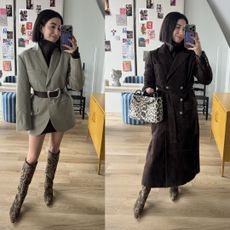 April Lockhart wearing fall jackets with jacquard statement boots in front of a window