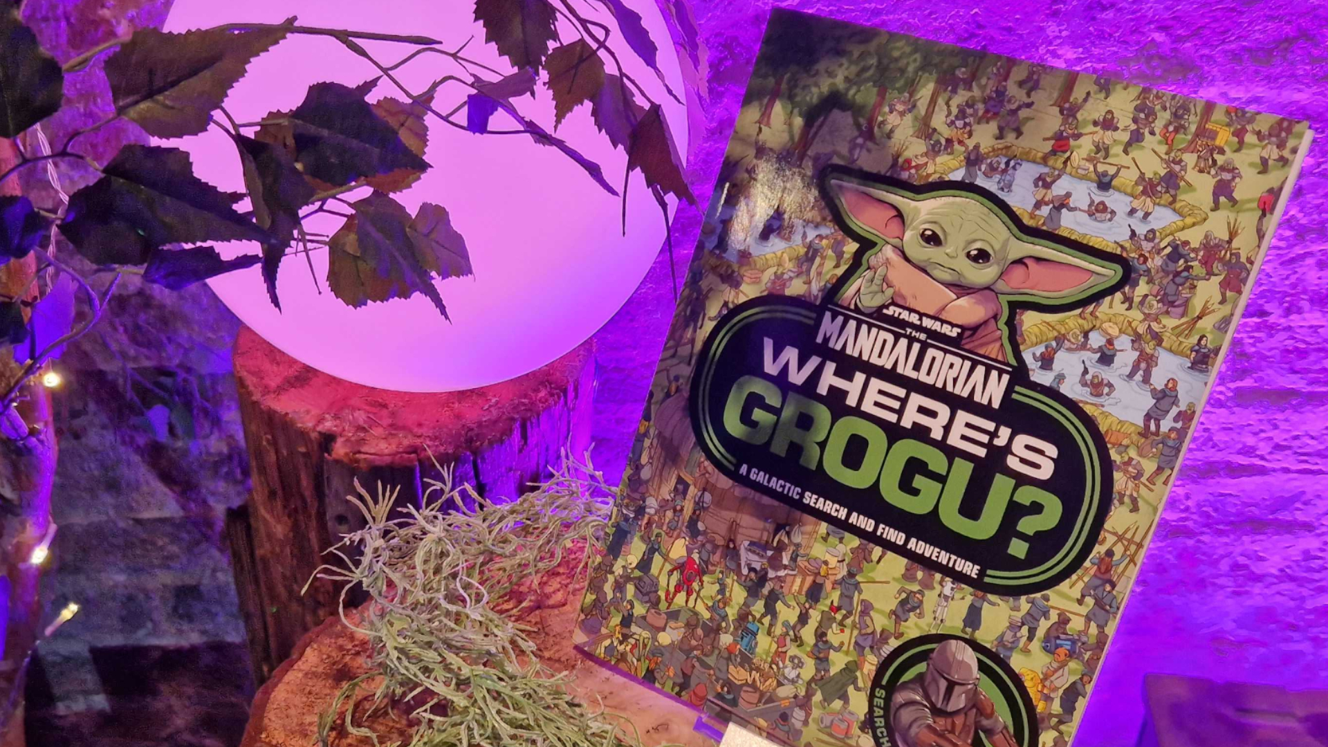 A 'Where's Grogu?' book on a wooden log, surrounded by leaves and moss, with a purple orb visible in the background