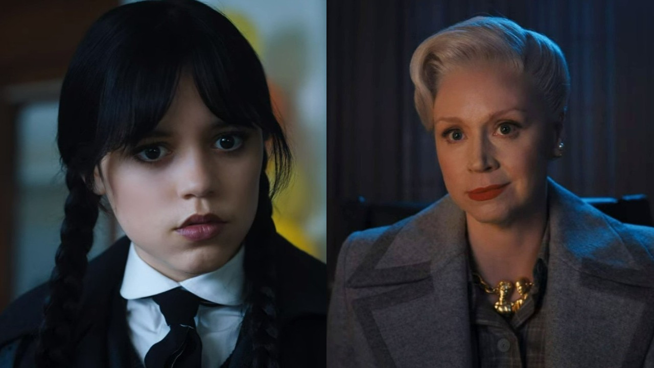 Jenna Ortega and Gwendoline Christie in separate shot from Wednesday.