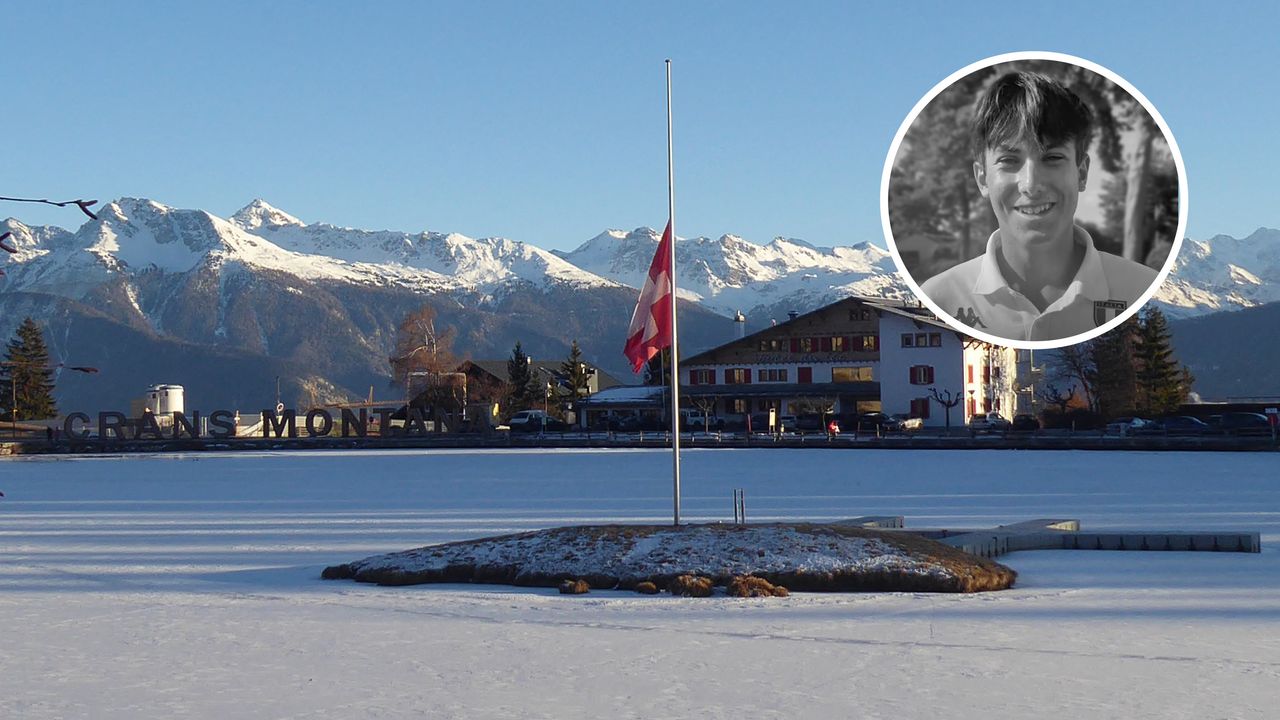 General view of a Swiss flag at half mast in the middle of a frozen lake in Crans Montana with an inset headshot of Emanuele Galeppini