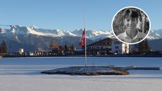 General view of a Swiss flag at half mast in the middle of a frozen lake in Crans Montana with an inset headshot of Emanuele Galeppini