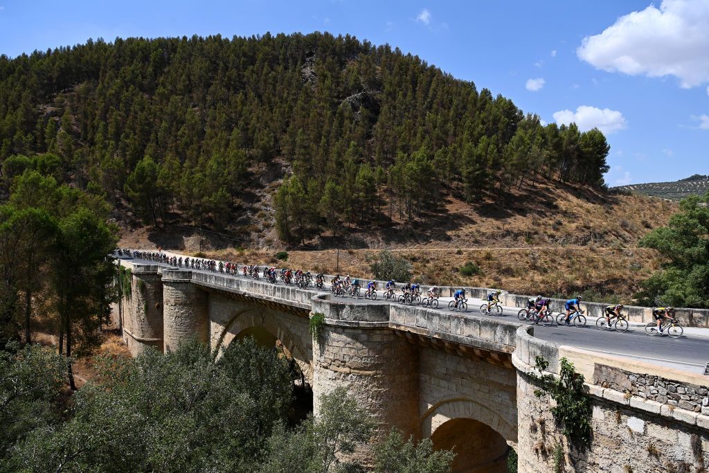 VALDEPEAS DE JAN SPAIN AUGUST 25 A general view of the Peloton passing a bridge over Genil river in Benamej Village during the 76th Tour of Spain 2021 Stage 11 a 1336km stage from Antequera to Valdepeas de Jan 1009m lavuelta LaVuelta21 on August 25 2021 in Valdepeas de Jan Spain Photo by Stuart FranklinGetty Images