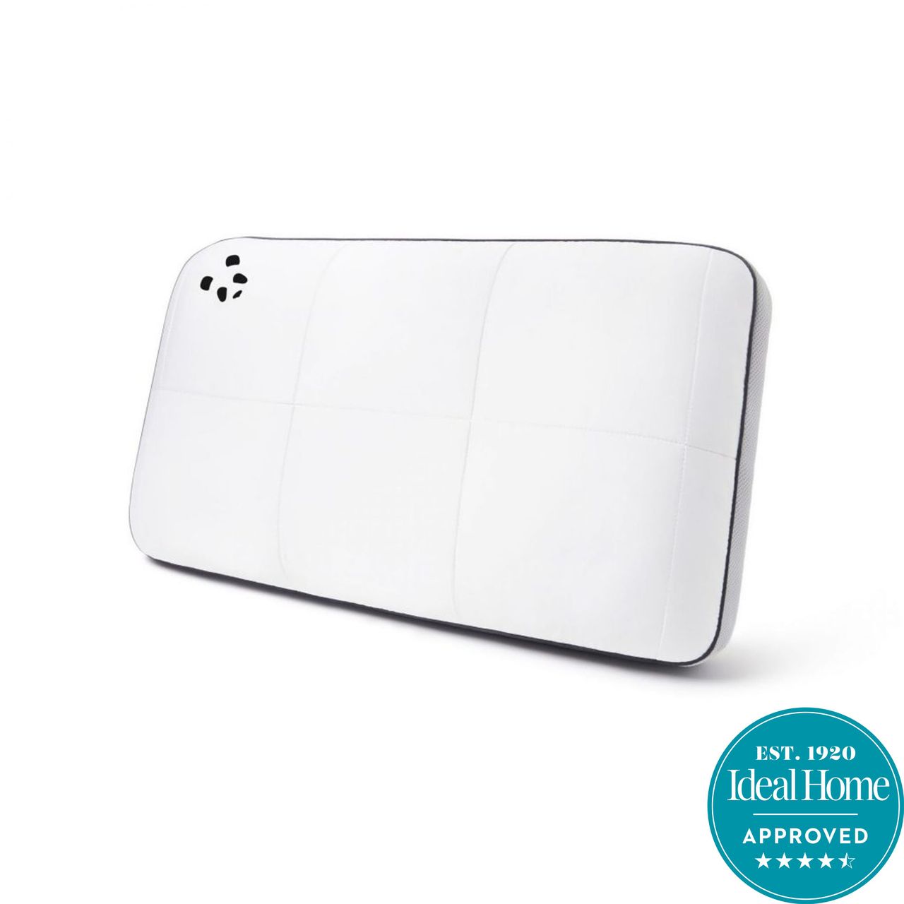 Panda Hybrid Bamboo pillow with grey mush edge and panda logo on white background