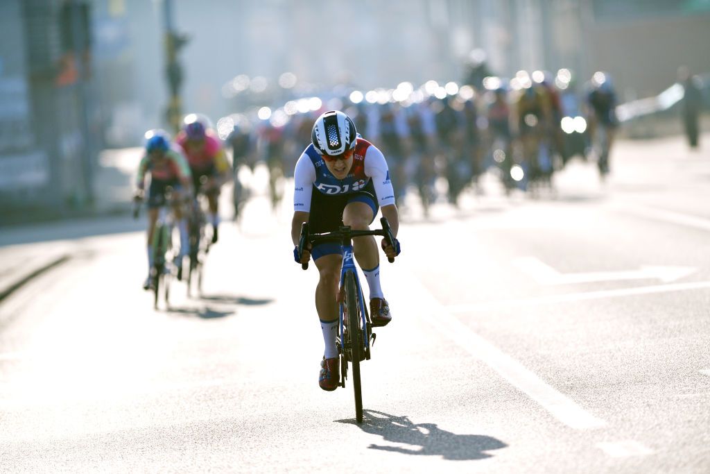 WEVELGEM BELGIUM MARCH 27 Grace Brown of Australia and Team FDJ Nouvelle Aquitaine Futuroscope attacks in the breakaway during the 11th GentWevelgem In Flanders Fields 2022 Womens Elite a 159km one day race from Ypres to Wevelgem GWEwomen UCIWWT on March 27 2022 in Wevelgem Belgium Photo by Luc ClaessenGetty Images