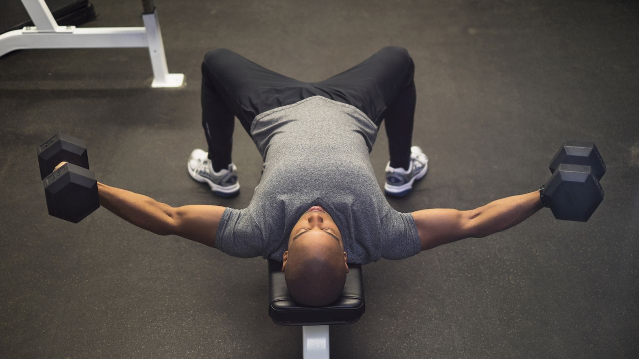 Muscular young man working out in a gym using dumbbells on a weight bench