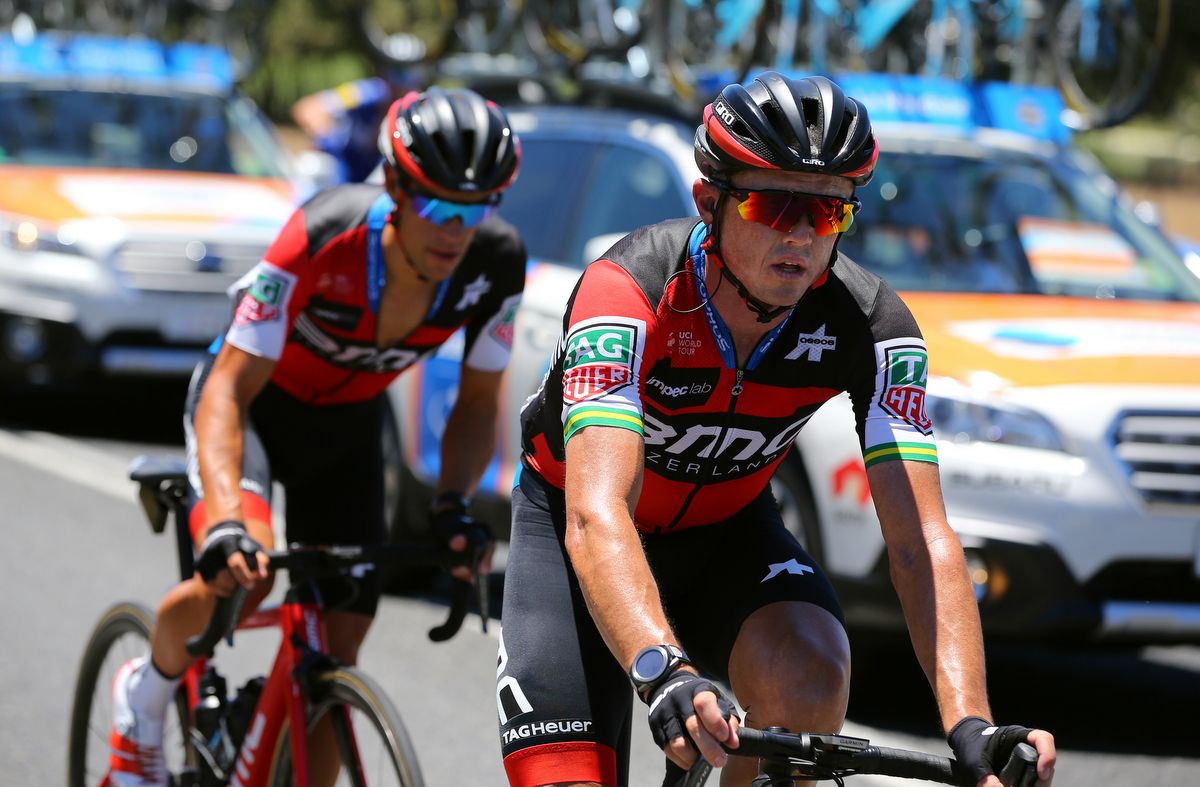 Simon Gerrans with BMC teammate Richie Porte on his wheel