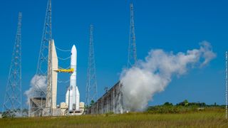 An Ariane 6 rocket test vehicle is seen on the pad at Europe’s Spaceport in French Guiana during a launch rehearsal on Sept. 5, 2023.