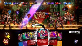 An image from heavy metal deckbuilding game Power Chord. Musicians battle with demons using their music.