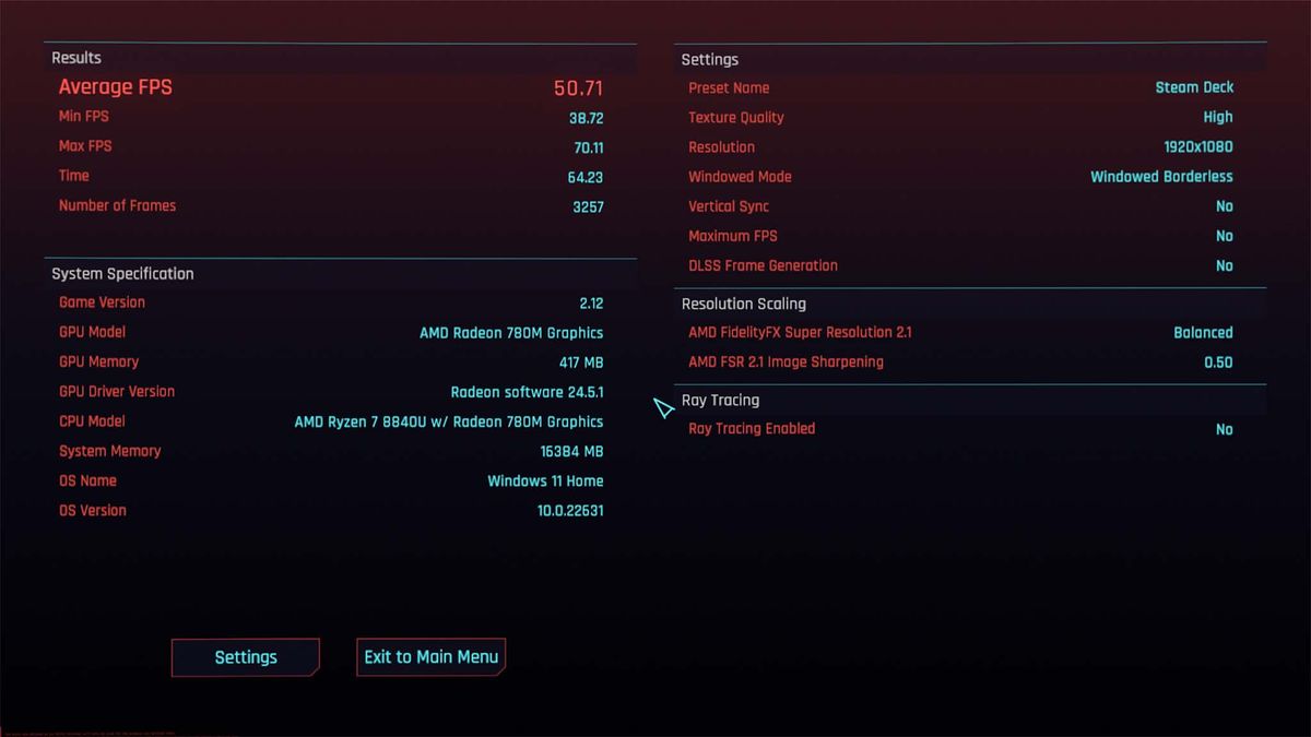 AYANEO Flip DS Steam Deck Cyberpunk 2077 benchmarks.