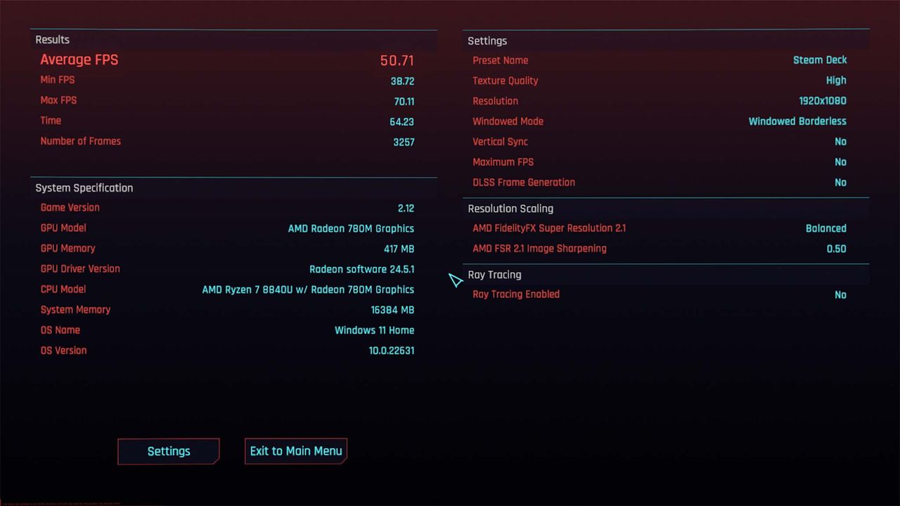 AYANEO Flip DS Steam Deck Cyberpunk 2077 benchmarks.