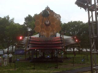 A full-scale, tennis court-sized model of the James Webb Space Telescope. The replica was on display in Battery Park in New York City as part of the 2010 World Science Festival.