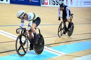 Great Britain's Emma Finucane (L) competes against France's Mathilde Gros in the women's Sprint final event during the Track Cycling Nations Cup in Hong Kong on March 16, 2024