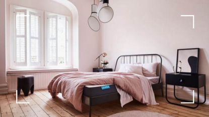 simba hybrid mattress on a bed in a pink, modern bedroom