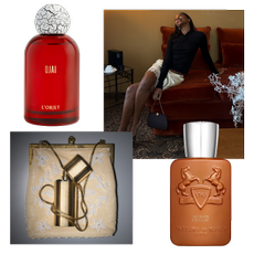 Collage of perfume bottles and a woman sitting on a couch next to flowers