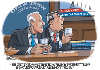 Political cartoon U.S. Trump White House chaos revolving door Shulkin firing VA
