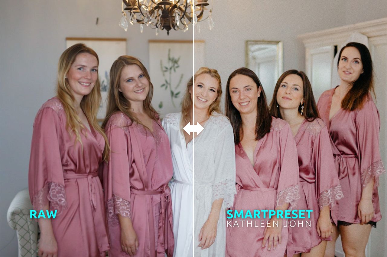 Neurapix before and after image of bride surrounded by groomswomen
