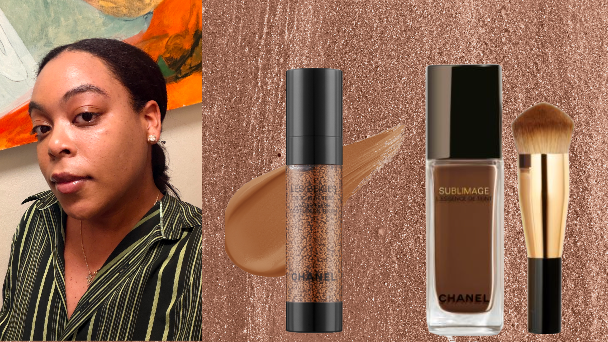 A woman with black hair wearing a green black collared shirt. She is next to two bottles of Chanel Foundation. 
