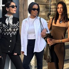 fashion collage of three style influencers including Géraldine Boublil, Marilyn Nwawulor-Kazemaks, and Salomé Mory wearing chic fall outfits with the east west bag trend for 2025