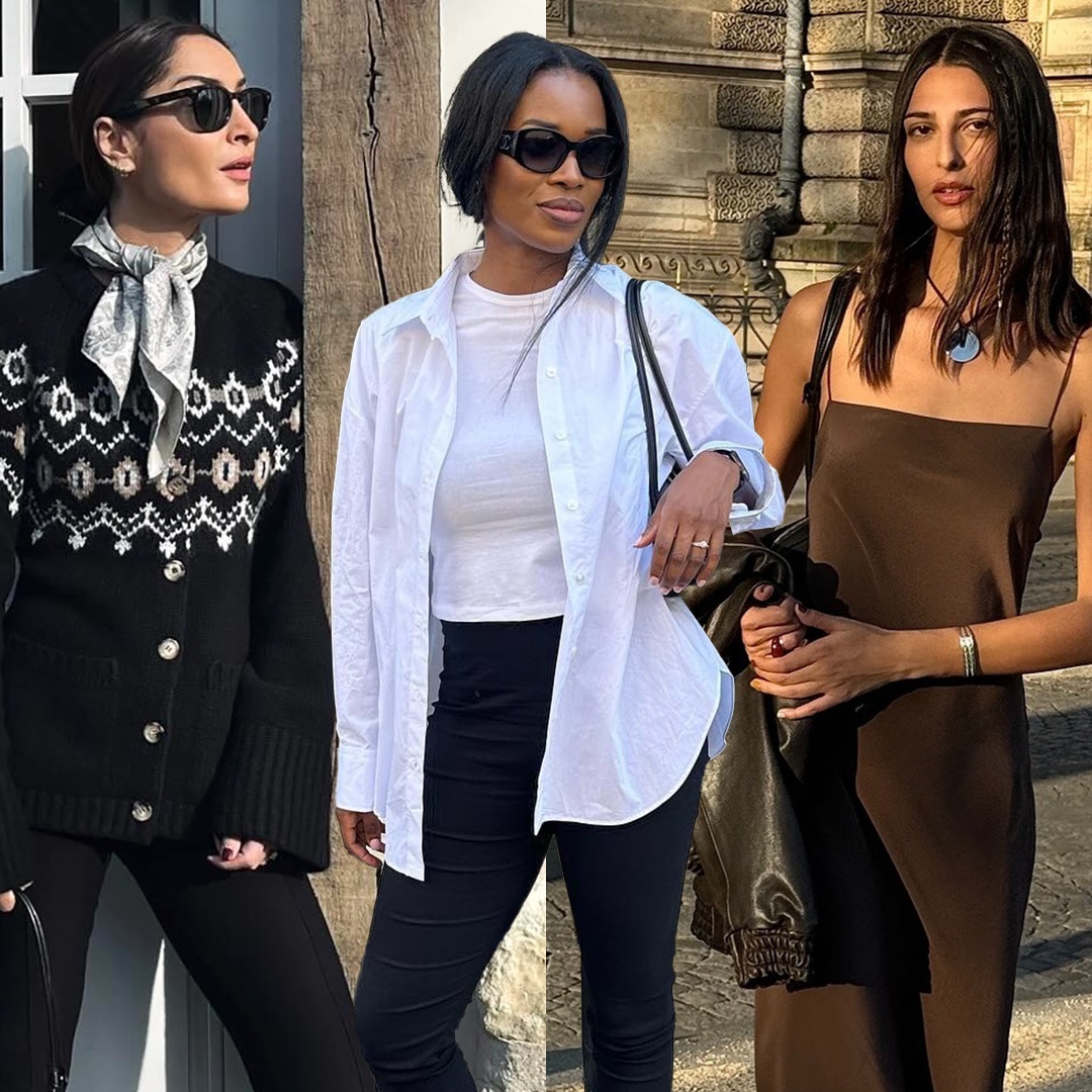 fashion collage of three style influencers including Géraldine Boublil, Marilyn Nwawulor-Kazemaks, and Salomé Mory wearing chic fall outfits with the east west bag trend for 2025
