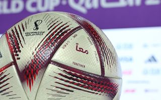 The Adidas 'Al Hilm' Official Finals Match Ball is seen ahead of the Argentina Press Conference at on December 12, 2022 in Doha, Qatar.