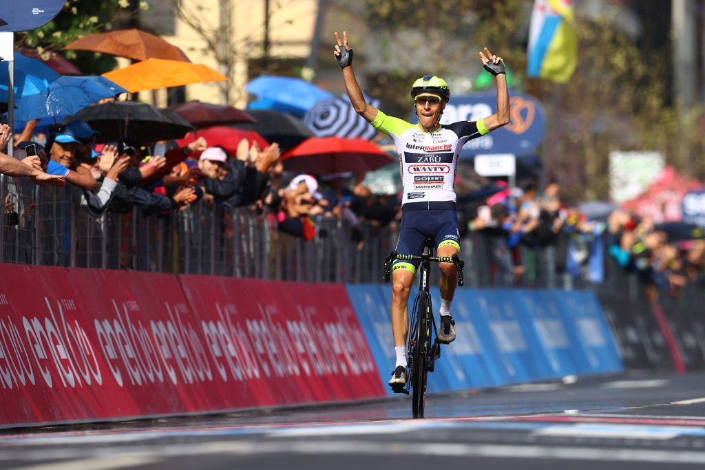 APRICA ITALY MAY 24 Jan Hirt of Czech Republic and Team Intermarch Wanty Gobert Matriaux celebrates at finish line as stage winner during the 105th Giro dItalia 2022 Stage 16 a 202km stage from Sal to Aprica 1173m Giro WorldTour on May 24 2022 in Aprica Italy Photo by Michael SteeleGetty Images