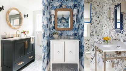 bathroom vanity ideas dark cabinet style bathroom vanity in white bathroom/white single vanity in bathroom with patterned wallpaper/ bathroom with minimalist vanity and bold wallpaper and blue details