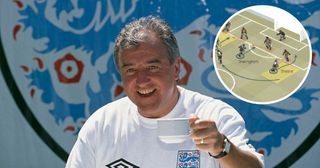 Manager Terry Venables holding a cup of tea at a training session of the England national football team at the Bisham Abbey sports centre in Berkshire, 4th June 1996 
