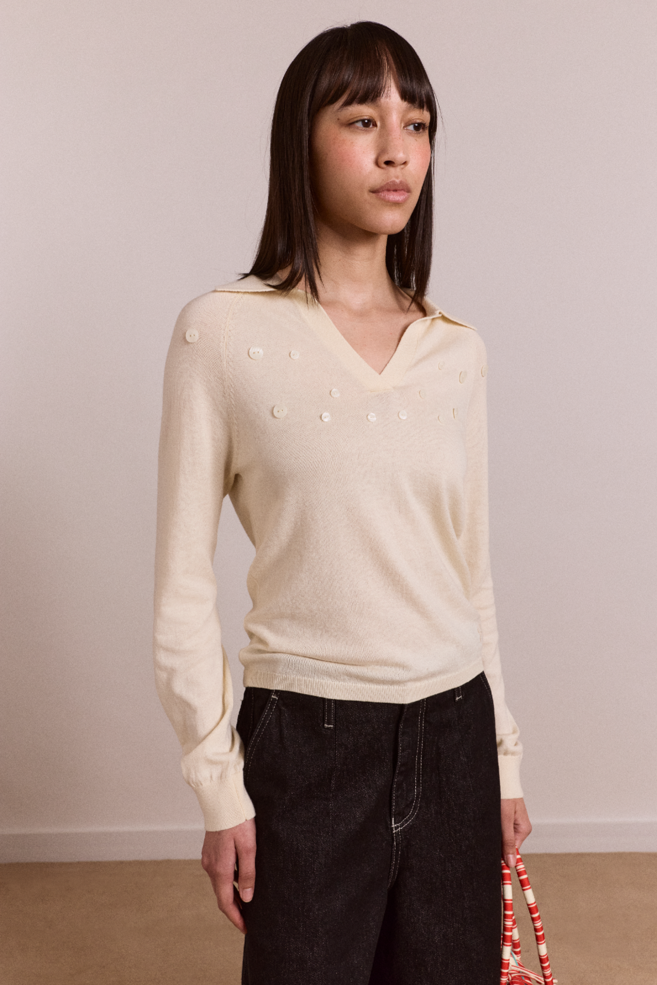 Sylvia Cotton Merino Blend Button Knit Top - Cream